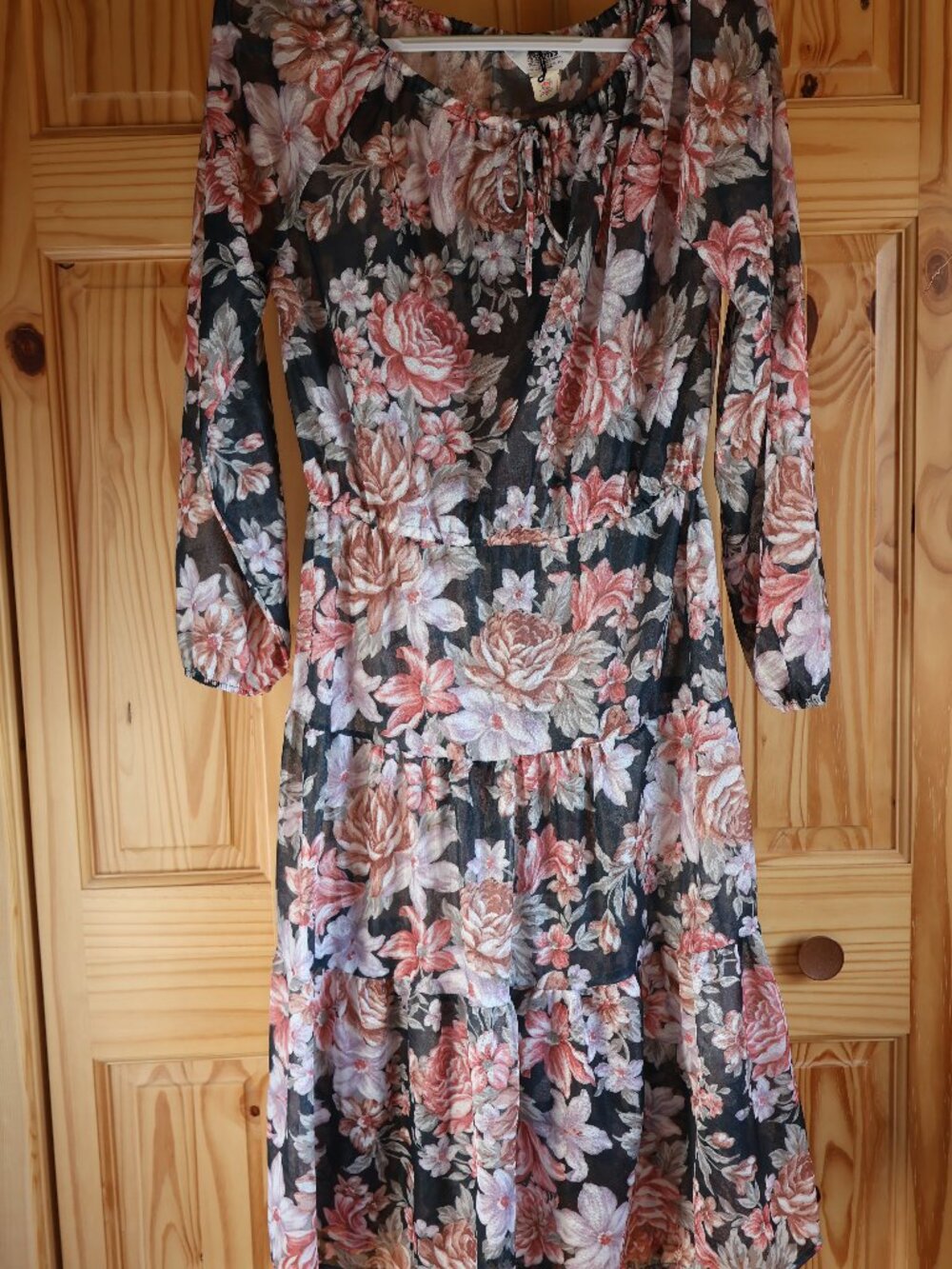 Vintage Montgomery Ward Chic Floral Sheer Midi Dress Boho Long Sleeve